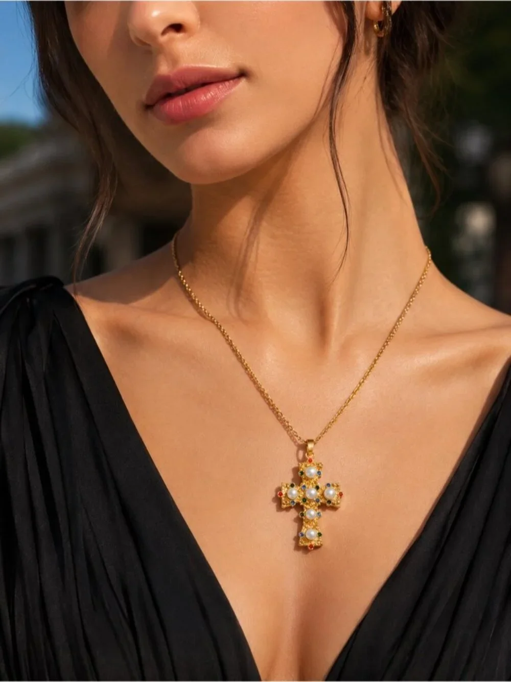 Vintage Gold tone Cross Pendant Necklace with Pearls & Multicolored Gems